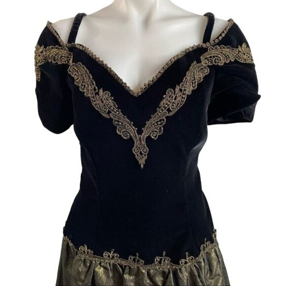 Vintage Cachet Bari Protas Prom Dress Black Velvet Gold Shimmery Evening Gown US - Picture 2 of 13